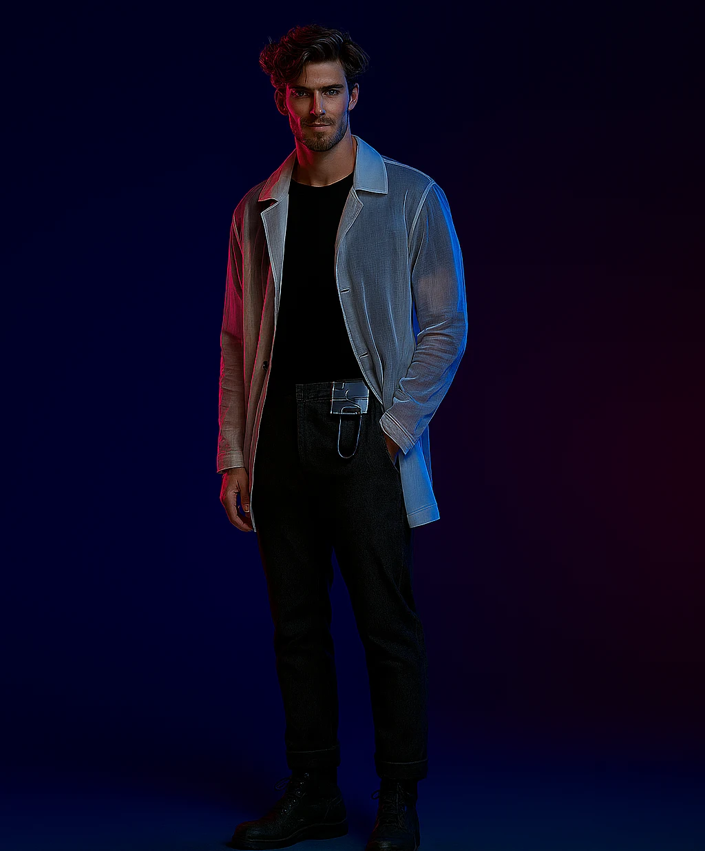 Veyron Jaxx in a blue coat against neon lighting
