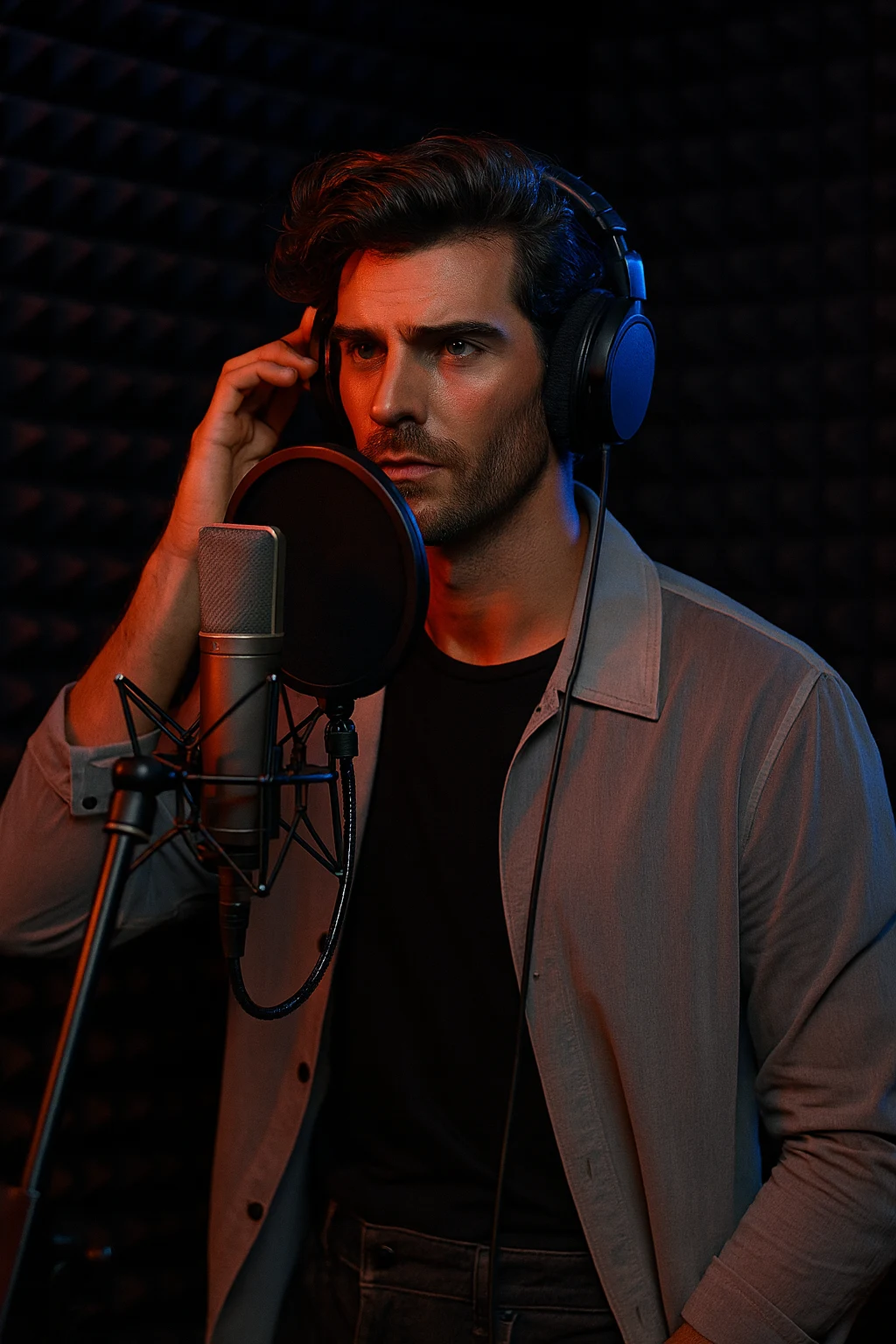 Veyron Jaxx working in a blue-lit recording studio