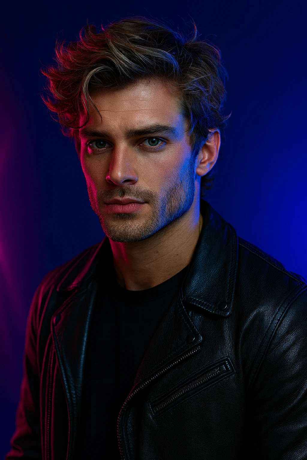 Veyron Jaxx in a black leather jacket, lit in blue and magenta